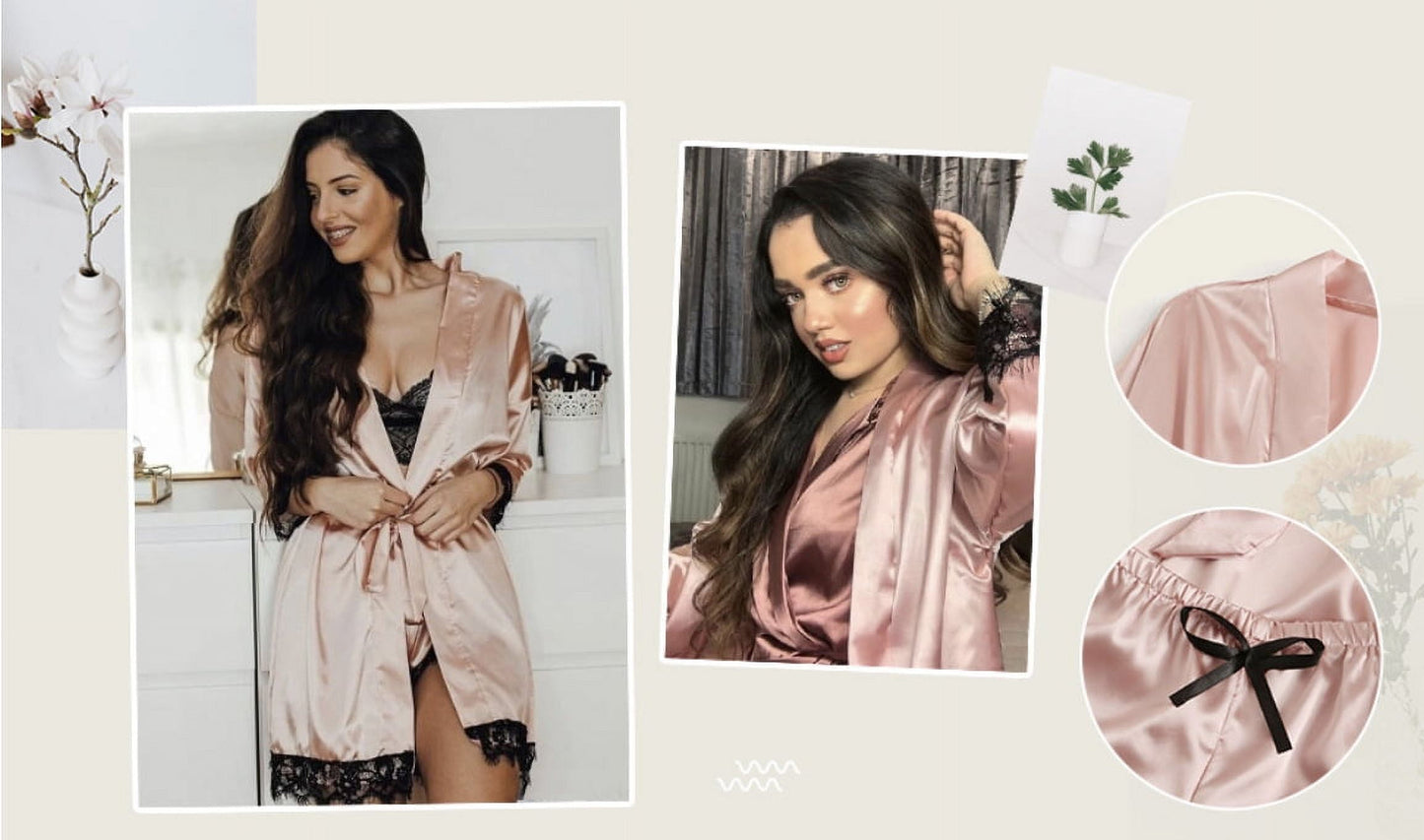 Sexy Lingerie, Silk Satin Pajamas for Women, Womens Summer Pajamas Pjs Sets of 4 Pcs with Floral Lace Top Shorts and Robe, Gift for Women, Burgundy, XL
