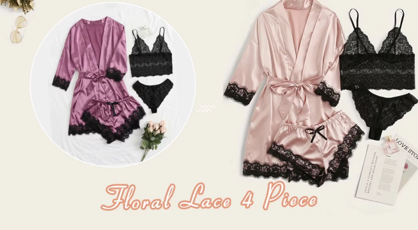 Sexy Lingerie, Silk Satin Pajamas for Women, Womens Summer Pajamas Pjs Sets of 4 Pcs with Floral Lace Top Shorts and Robe, Gift for Women, Burgundy, XL