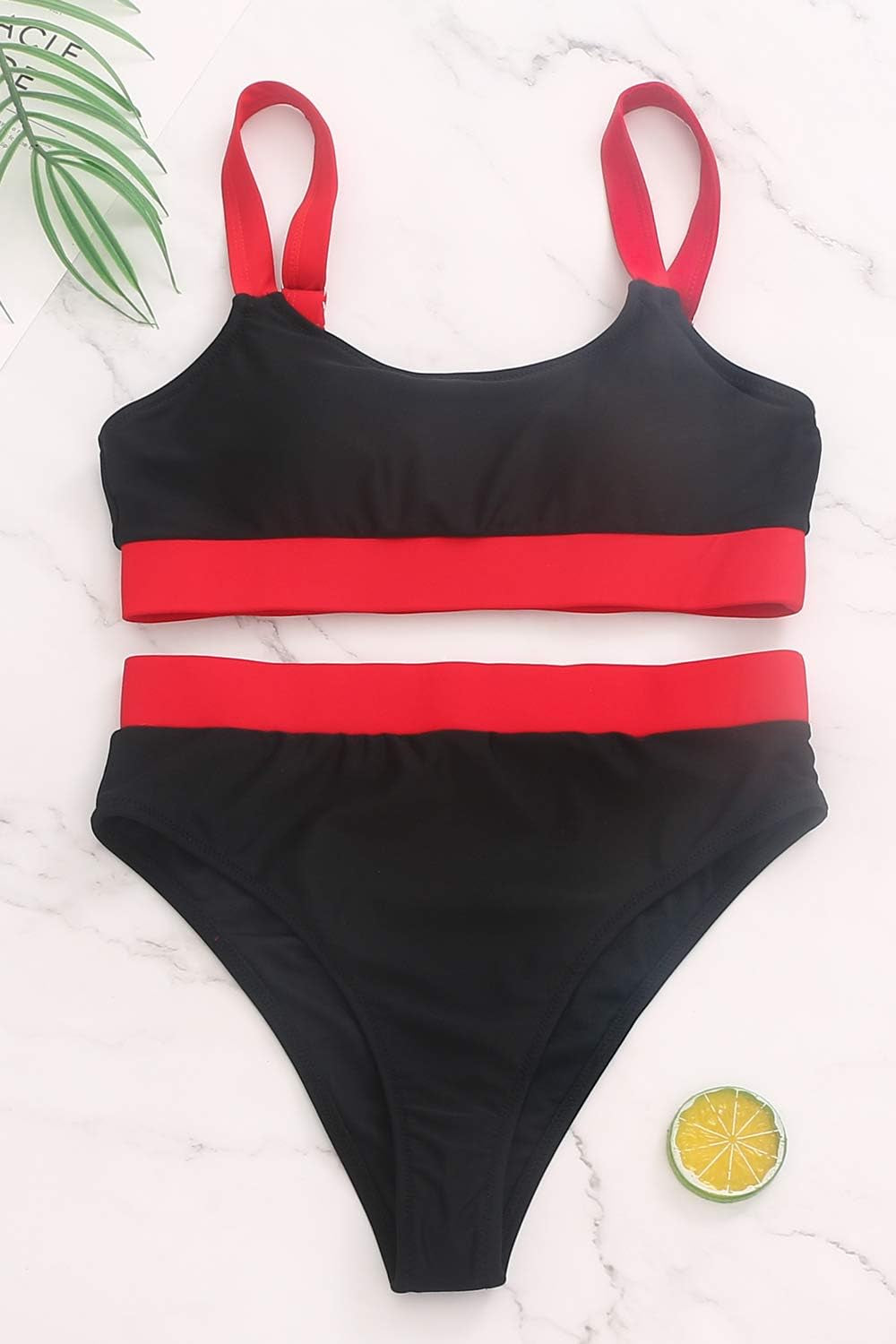 Women High Waisted Bikini Set Sports Color Block Swimsuit Scoop Neck Cheeky Bathing Suit