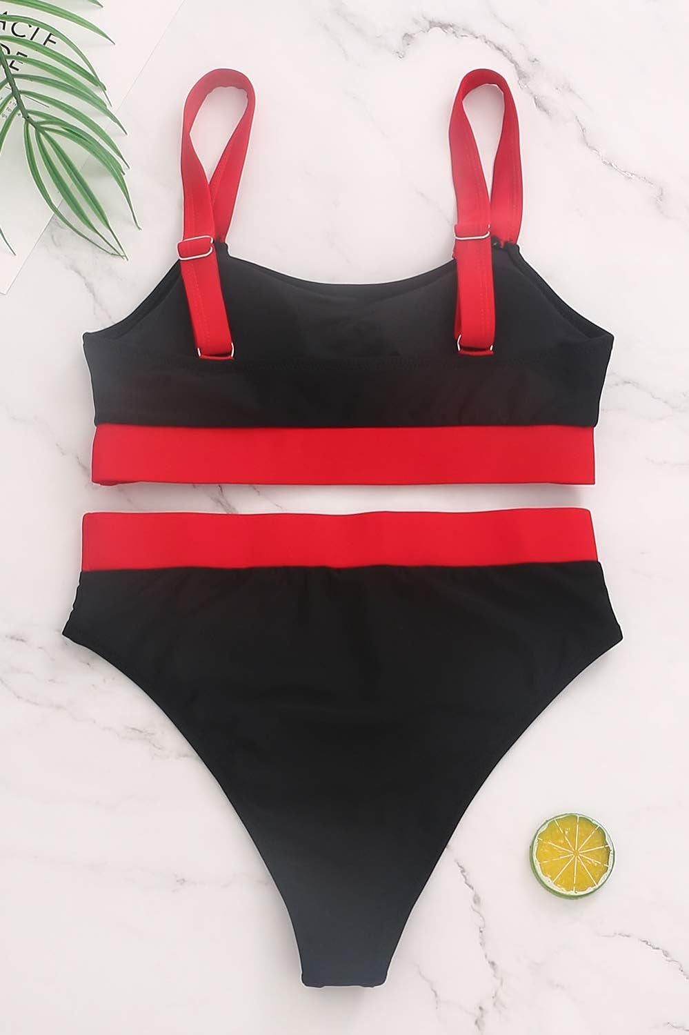 Women High Waisted Bikini Set Sports Color Block Swimsuit Scoop Neck Cheeky Bathing Suit