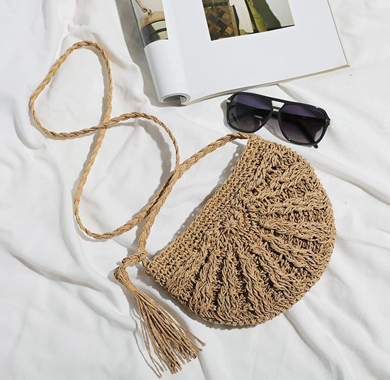 Straw Crossbody Bag Women Weave Shoulder Bag round Summer Beach Purse
